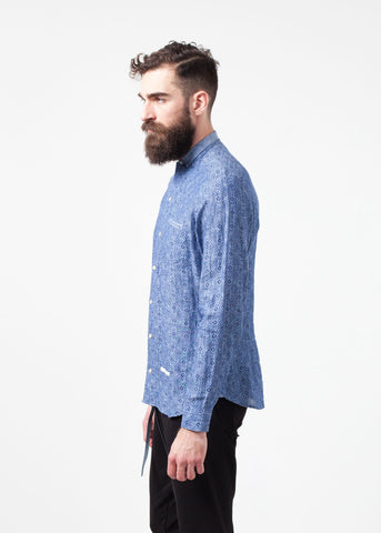 Image of Linen Button Up in Blue Diamond