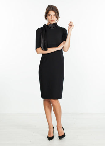 Image of Tie Neck Wool Dress in Black