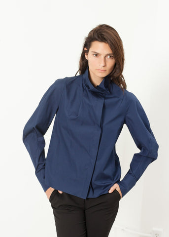Image of Full Collar Poplin Blouse in Navy