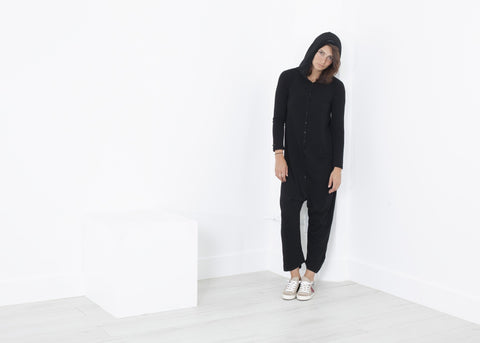 Image of Knit Hooded Jumpsuit in Black