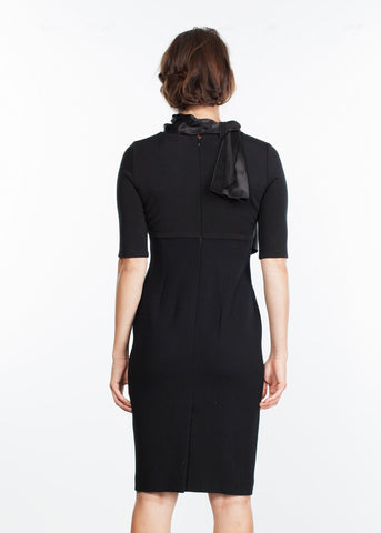 Image of Tie Neck Wool Dress in Black