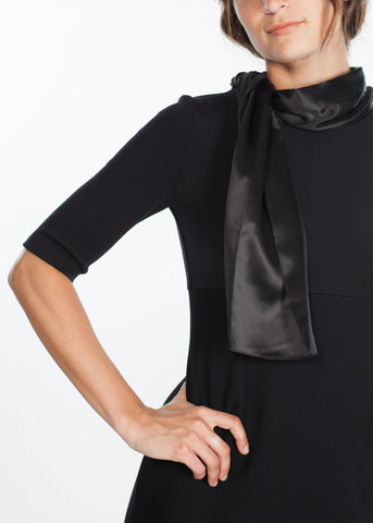 Image of Tie Neck Wool Dress in Black
